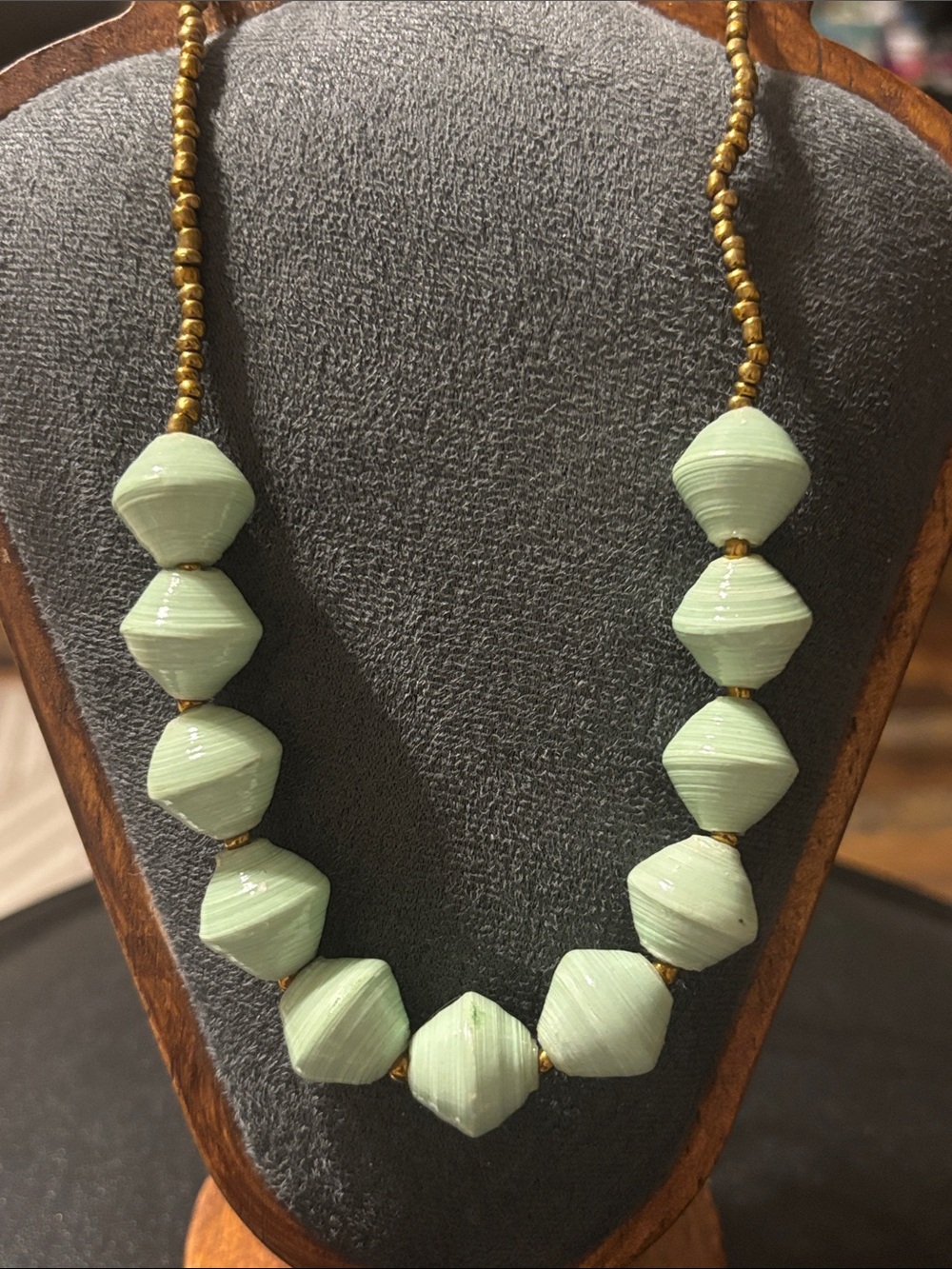Vintage Mint Green Rolled Paper Beads Necklace with Gold Accents
